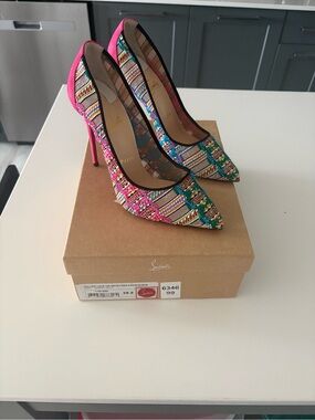 Christian Louboutin Multicolor Tweed Pointed Toe Pumps with Pink Heel